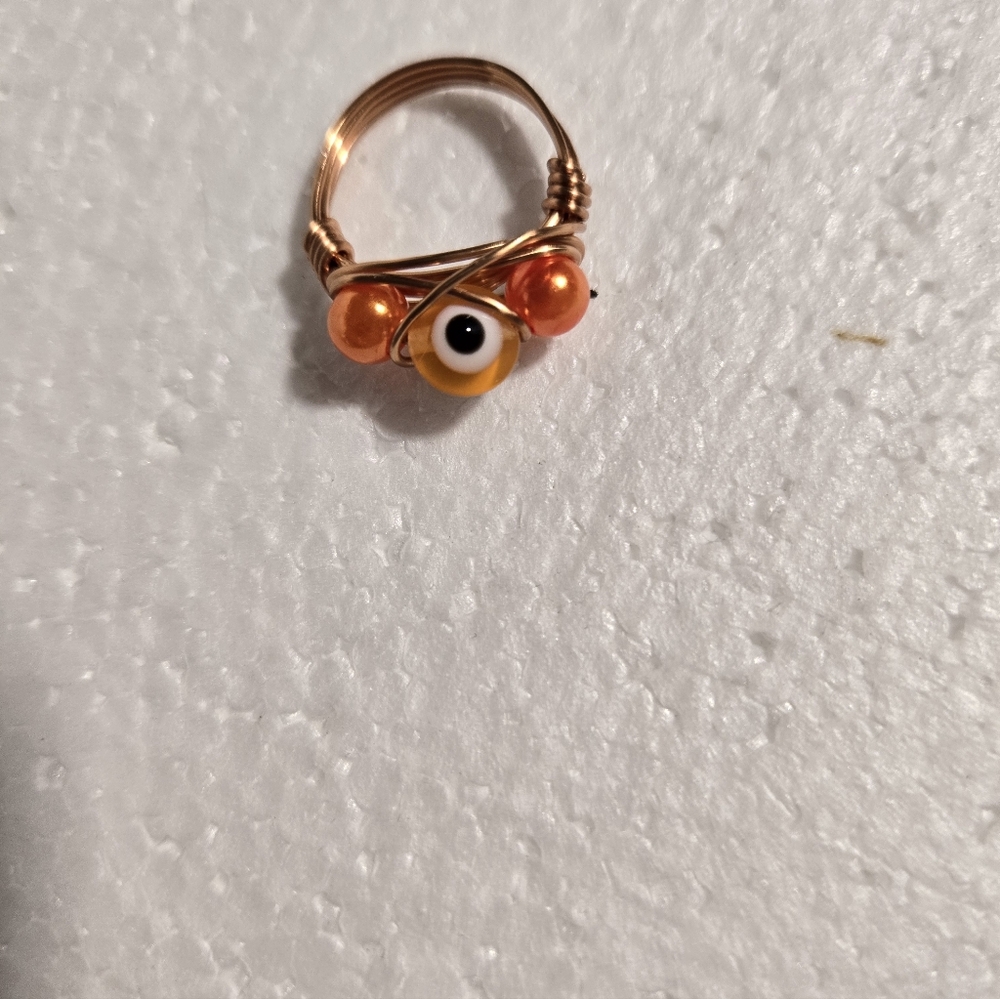 Handcrafted Wire Wrapped Ring with Orange Beads